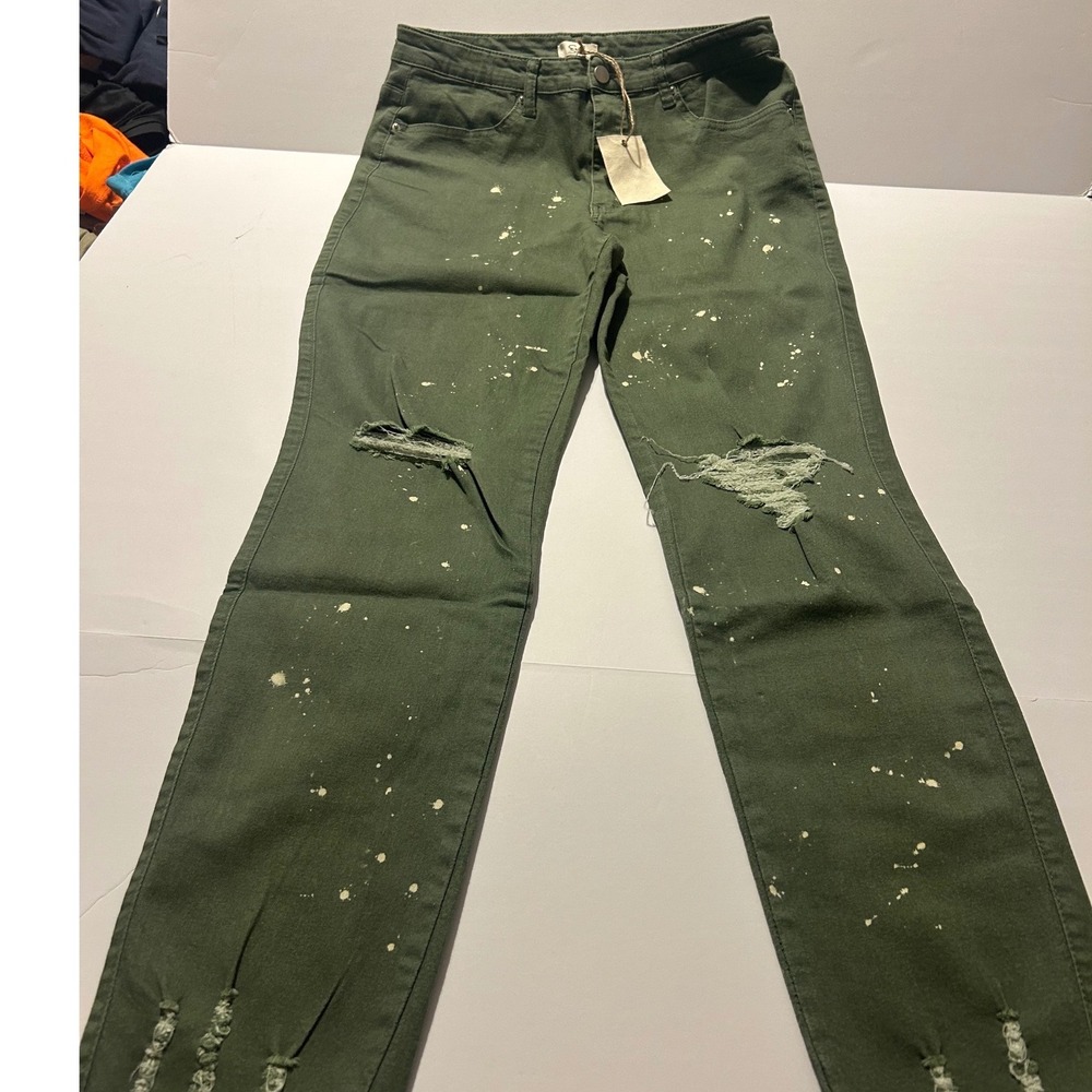 Easel Los Angeles Olive Green Distressed Paint Splatter Jeans Size S Womens